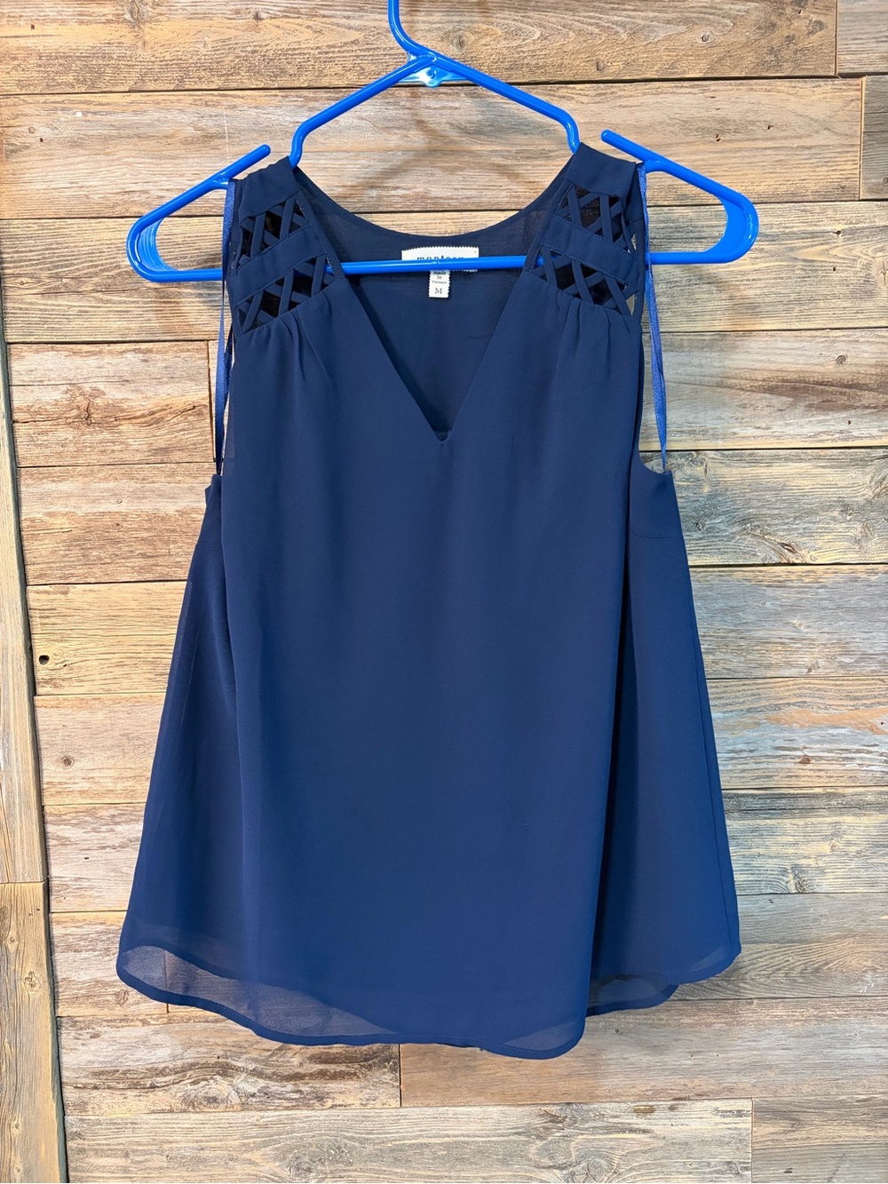 Monteau Navy Sleeveless V-Neck Top with Lattice Yoke* - size M